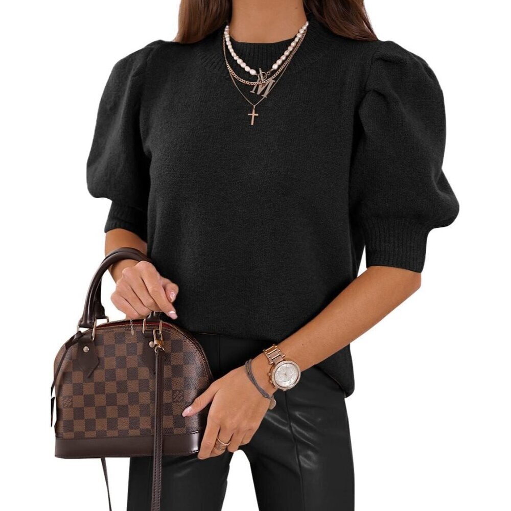 Women's Puff Sleeve Sweater Top Knit Crew Neck Casual Short Sleeve Large